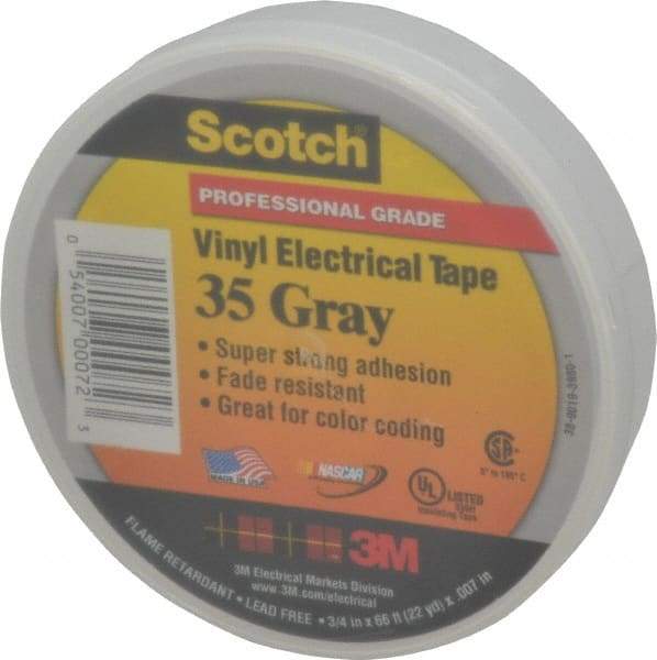 3M - 3/4" x 66', Gray Vinyl Electrical Tape - Series 35, 7 mil Thick, 1,250 V/mil Dielectric Strength, 17 Lb./Inch Tensile Strength - USA Tool & Supply