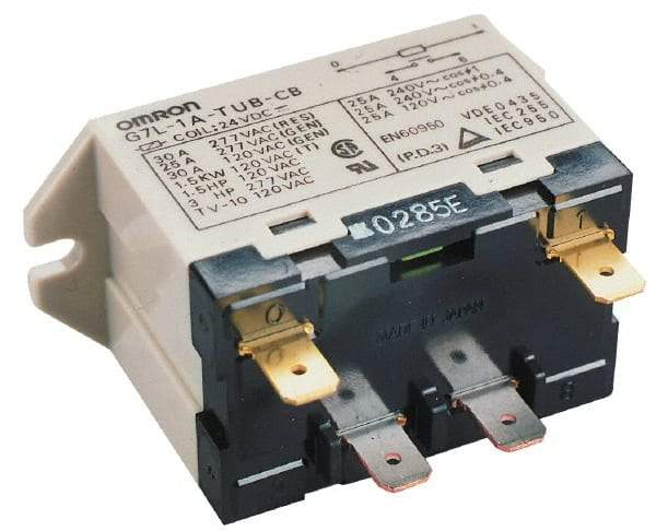 Omron - 1.7 to 2.5 VA Power Rating, Standard Electromechanical Quick Connect General Purpose Relay - 25 Amp at 220 VAC, DPST, 240 VAC, 68.5mm Wide x 47mm High x 33.5mm Deep - USA Tool & Supply