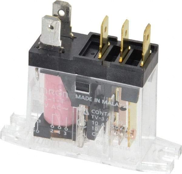 Omron - 5 Pins, 0.9 VA Power Rating, Rectangle Electromechanical Quick Connect General Purpose Relay - 10 Amp at 30 VDC, SPDT, 120 VAC, 45mm Wide x 29.5mm High x 14mm Deep - USA Tool & Supply