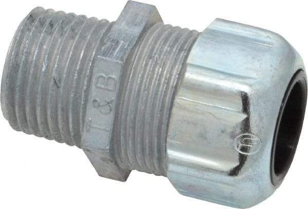 Thomas & Betts - 3/8 to 1/2" Cable Capacity, Liquidtight, Straight Strain Relief Cord Grip - 1/2 NPT Thread, 1-21/32" Long, Zinc - USA Tool & Supply