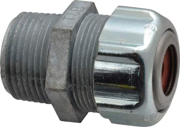 Thomas & Betts - 1/8 to 1/4" Cable Capacity, Liquidtight, Straight Strain Relief Cord Grip - 3/4 NPT Thread, 1-3/4" Long, Zinc - USA Tool & Supply