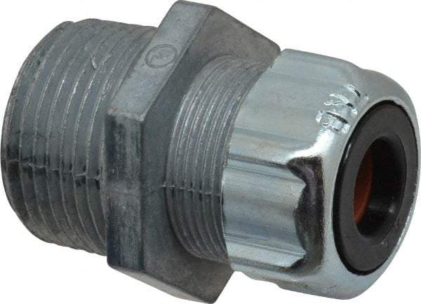 Thomas & Betts - 3/8 to 1/2" Cable Capacity, Liquidtight, Straight Strain Relief Cord Grip - 1 NPT Thread, 1-23/32" Long, Zinc - USA Tool & Supply