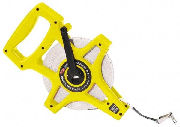 US Tape - 100' x 1/2" White Blade Tape Measure - 1/8", 1mm, & 1 cm Graduation, Inch/Metric Graduation Style, Yellow/Silver Case - USA Tool & Supply