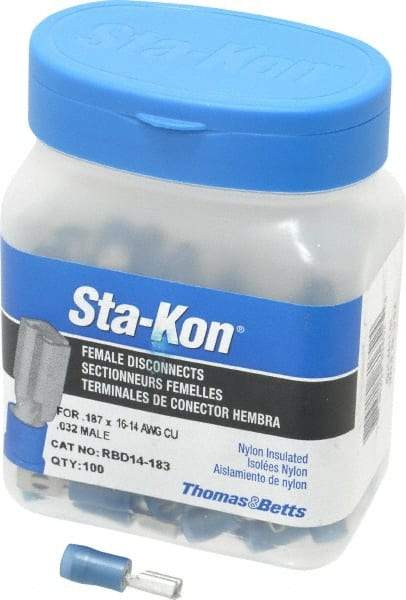 Thomas & Betts - 16 to 14 AWG, Nylon, Fully Insulated, Female Wire Disconnect - 3/16 Inch Wide Tab, Blue, CSA Certified, RoHS Compliant, UL 94 V-2, UL File E66716, UL Listed - USA Tool & Supply