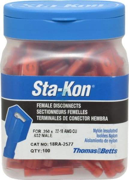 Thomas & Betts - 22 to 18 AWG, Nylon, Fully Insulated, Female Wire Disconnect - 1/4 Inch Wide Tab, Red, CSA Certified, RoHS Compliant, UL 94 V-2, UL File E66716, UL Listed - USA Tool & Supply