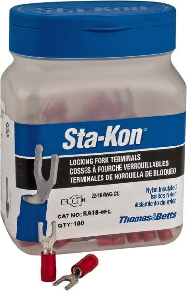 Thomas & Betts - #6 Stud, 22 to 16 AWG Compatible, Partially Insulated, Crimp Connection, Locking Fork Terminal - USA Tool & Supply