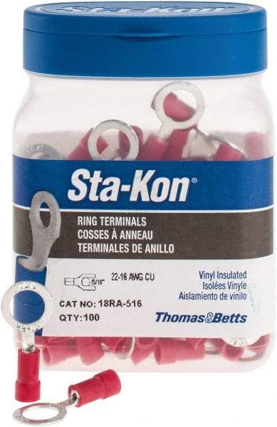 Thomas & Betts - 22-16 AWG Partially Insulated Crimp Connection D Shaped Ring Terminal - 5/16" Stud, 1.13" OAL x 1/2" Wide, Tin Plated Copper Contact - USA Tool & Supply