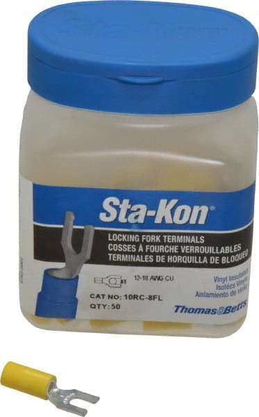 Thomas & Betts - #8 Stud, 12 to 10 AWG Compatible, Partially Insulated, Crimp Connection, Locking Fork Terminal - USA Tool & Supply