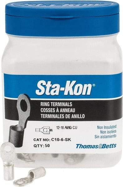 Thomas & Betts - 12-10 AWG Noninsulated Crimp Connection D Shaped Ring Terminal - #6 Stud, 0.82" OAL x 0.31" Wide, Tin Plated Copper Contact - USA Tool & Supply