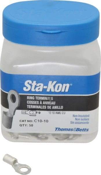 Thomas & Betts - 12-10 AWG Noninsulated Crimp Connection D Shaped Ring Terminal - #10 Stud, 0.85" OAL x 0.38" Wide, Tin Plated Copper Contact - USA Tool & Supply