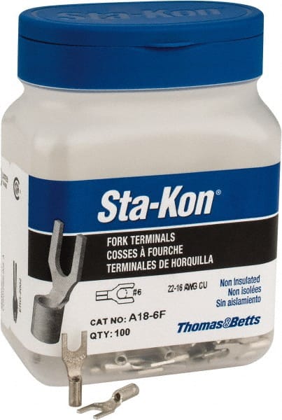 Thomas & Betts - #6 Stud, 22 to 16 AWG Compatible, Noninsulated, Crimp Connection, Standard Fork Terminal - USA Tool & Supply