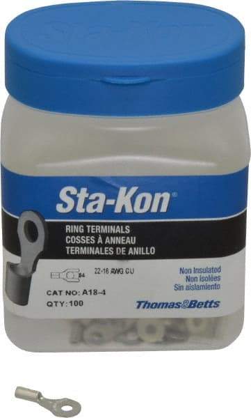 Thomas & Betts - 22-16 AWG Noninsulated Crimp Connection D Shaped Ring Terminal - #4 Stud, 3/4" OAL x 0.31" Wide, Tin Plated Copper Contact - USA Tool & Supply