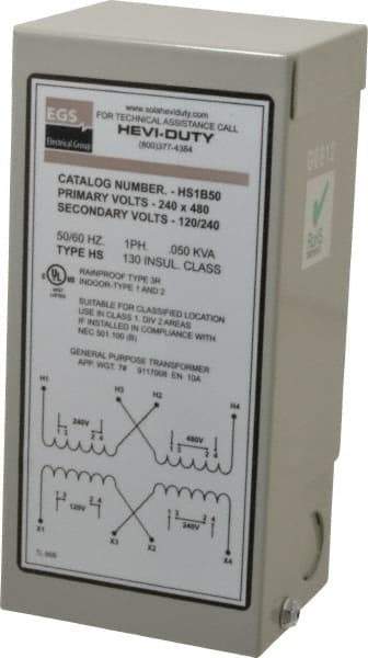 Sola/Hevi-Duty - 1 Phase, 240-480 Volt Input, 120/240 Volt Output, 60 Hz, 0.05 kVA, General Purpose Transformer - 4, 12, 3R, 4X NEMA Rating, 176°F Temp Rise, 4 Inch Wide x 3 Inch Deep x 6 Inch High, Indoor, Outdoor, Wall Mount - USA Tool & Supply