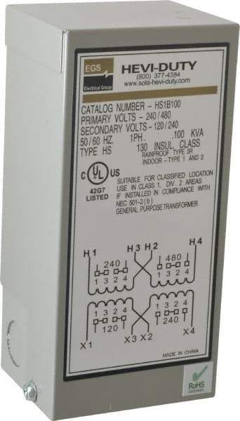 Sola/Hevi-Duty - 1 Phase, 240-480 Volt Input, 120/240 Volt Output, 60 Hz, 0.1 kVA, General Purpose Transformer - 4, 12, 3R, 4X NEMA Rating, 176°F Temp Rise, 4 Inch Wide x 3 Inch Deep x 6 Inch High, Indoor, Outdoor, Wall Mount - USA Tool & Supply