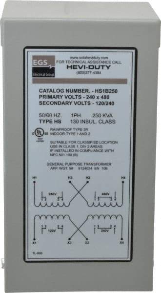 Sola/Hevi-Duty - 1 Phase, 240-480 Volt Input, 120/240 Volt Output, 60 Hz, 1/4 kVA, General Purpose Transformer - 4, 12, 3R, 4X NEMA Rating, 176°F Temp Rise, 4 Inch Wide x 4 Inch Deep x 8 Inch High, Indoor, Outdoor, Wall Mount - USA Tool & Supply