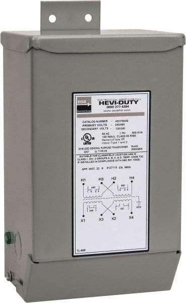 Sola/Hevi-Duty - 1 Phase, 240-480 Volt Input, 120/240 Volt Output, 60 Hz, 0.5 kVA, General Purpose Transformer - 4, 12, 3R, 4X NEMA Rating, 239°F Temp Rise, 6 Inch Wide x 5 Inch Deep x 10 Inch High, Indoor, Outdoor, Wall Mount - USA Tool & Supply