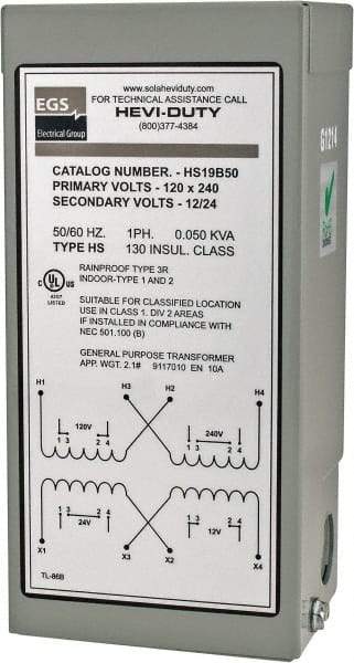 Sola/Hevi-Duty - 120/240 Input Volt, 12/24 Output Volt, 60 Hz, Buck Boost Transformer - 1 Phase, 4 Inch Wide x 3 Inch Deep x 6 Inch High, cULus Listed E77014 - USA Tool & Supply