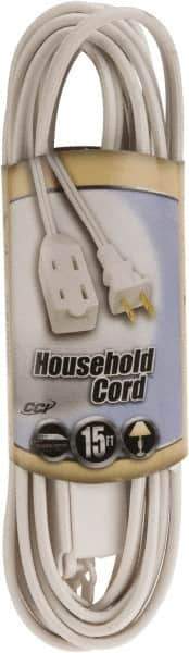 Southwire - 15', 16/2 Gauge/Conductors, White Indoor Extension Cord - 1 Receptacle, 13 Amps, 125 VAC, UL SPT-2, NEMA 1-15P, 1-15R x 3 - USA Tool & Supply