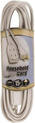 Southwire - 15', 16/2 Gauge/Conductors, White Indoor Extension Cord - 1 Receptacle, 13 Amps, 125 VAC, UL SPT-2, NEMA 1-15P, 1-15R x 3 - USA Tool & Supply