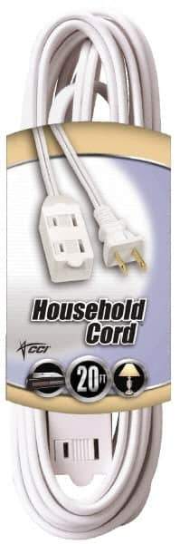 Southwire - 20', 16/2 Gauge/Conductors, White Indoor Extension Cord - 1 Receptacle, 13 Amps, 125 VAC, UL SPT-2, NEMA 1-15P, 1-15R x 3 - USA Tool & Supply