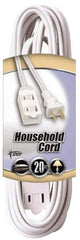 Southwire - 20', 16/2 Gauge/Conductors, White Indoor Extension Cord - 1 Receptacle, 13 Amps, 125 VAC, UL SPT-2, NEMA 1-15P, 1-15R x 3 - USA Tool & Supply