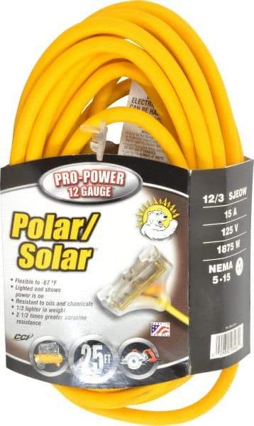 Southwire - 25', 12/3 Gauge/Conductors, Yellow Indoor & Outdoor Extension Cord - 1 Receptacle, 15 Amps, 300 Volts, UL SJEOW-A, NEMA 5-15P, 5-15R x 3 - USA Tool & Supply