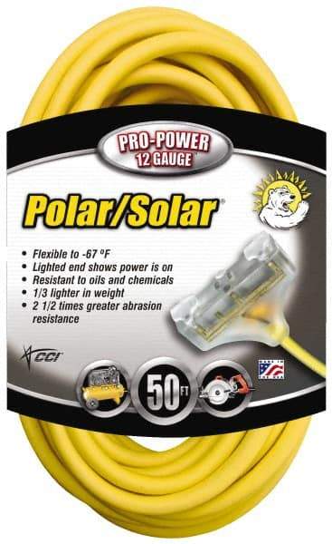 Southwire - 50', 12/3 Gauge/Conductors, Yellow Indoor & Outdoor Extension Cord - 3 Receptacle, 15 Amps, 300 Volts, UL SJEOW-A, NEMA 5-15P, 5-15R x 3 - USA Tool & Supply