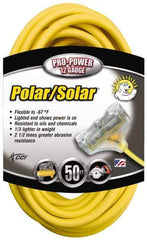 Southwire - 50', 12/3 Gauge/Conductors, Yellow Indoor & Outdoor Extension Cord - 3 Receptacle, 15 Amps, 300 Volts, UL SJEOW-A, NEMA 5-15P, 5-15R x 3 - USA Tool & Supply