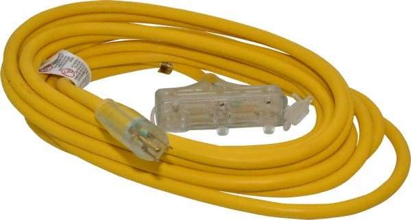Southwire - 25', 12/3 Gauge/Conductors, Yellow Indoor & Outdoor Extension Cord - 1 Receptacle, 15 Amps, 125 VAC, UL SJTW-A, NEMA 5-15P, 5-15R x 3 - USA Tool & Supply