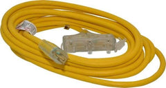Southwire - 25', 12/3 Gauge/Conductors, Yellow Indoor & Outdoor Extension Cord - 1 Receptacle, 15 Amps, 125 VAC, UL SJTW-A, NEMA 5-15P, 5-15R x 3 - USA Tool & Supply