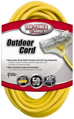 Southwire - 50', 12/3 Gauge/Conductors, Yellow Indoor & Outdoor Extension Cord - 1 Receptacle, 15 Amps, 125 VAC, UL SJTW-A, NEMA 5-15P, 5-15R x 3 - USA Tool & Supply