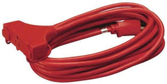 Southwire - 25', 14/3 Gauge/Conductors, Red Indoor & Outdoor Extension Cord - 1 Receptacle, 15 Amps, 125 VAC, UL SJTW-A, NEMA 5-15P, 5-15R x 3 - USA Tool & Supply