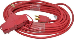 Southwire - 50', 14/3 Gauge/Conductors, Red Indoor & Outdoor Extension Cord - 1 Receptacle, 15 Amps, 125 VAC, UL SJTW-A, NEMA 5-15P, 5-15R x 3 - USA Tool & Supply