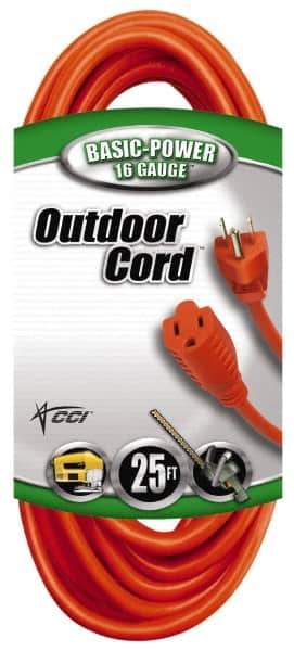Southwire - 25', 16/3 Gauge/Conductors, Orange Indoor & Outdoor Extension Cord - 1 Receptacle, 13 Amps, 125 VAC, UL SJTW, NEMA 5-15P, 5-15R - USA Tool & Supply