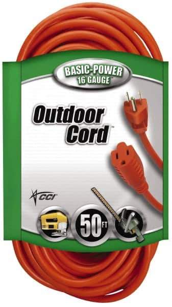 Southwire - 50', 16/3 Gauge/Conductors, Orange Indoor & Outdoor Extension Cord - 1 Receptacle, 13 Amps, 125 VAC, UL SJTW, NEMA 5-15P, 5-15R - USA Tool & Supply