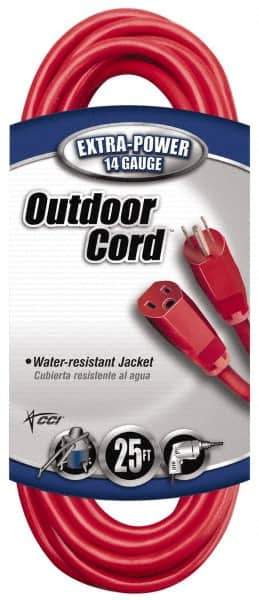 Southwire - 25', 14/3 Gauge/Conductors, Red Indoor & Outdoor Extension Cord - 1 Receptacle, 15 Amps, 125 VAC, UL SJTW, NEMA 5-15P, 5-15R - USA Tool & Supply