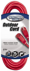 Southwire - 25', 14/3 Gauge/Conductors, Red Indoor & Outdoor Extension Cord - 1 Receptacle, 15 Amps, 125 VAC, UL SJTW, NEMA 5-15P, 5-15R - USA Tool & Supply