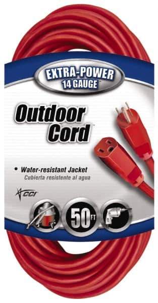 Southwire - 50', 14/3 Gauge/Conductors, Red Indoor & Outdoor Extension Cord - 1 Receptacle, 15 Amps, 125 VAC, UL SJTW, NEMA 5-15P, 5-15R - USA Tool & Supply
