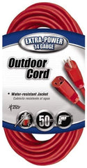 Southwire - 50', 14/3 Gauge/Conductors, Red Indoor & Outdoor Extension Cord - 1 Receptacle, 15 Amps, 125 VAC, UL SJTW, NEMA 5-15P, 5-15R - USA Tool & Supply