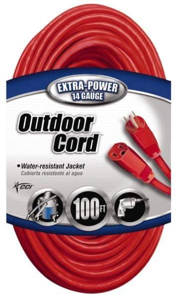 Southwire - 100', 14/3 Gauge/Conductors, Red Indoor & Outdoor Extension Cord - 1 Receptacle, 13 Amps, 125 VAC, UL SJTW, NEMA 5-15P, 5-15R - USA Tool & Supply