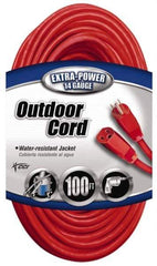 Southwire - 100', 14/3 Gauge/Conductors, Red Indoor & Outdoor Extension Cord - 1 Receptacle, 13 Amps, 125 VAC, UL SJTW, NEMA 5-15P, 5-15R - USA Tool & Supply