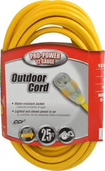 Southwire - 25', 12/3 Gauge/Conductors, Yellow Indoor & Outdoor Extension Cord - 1 Receptacle, 15 Amps, 125 VAC, UL SJTW, NEMA 5-15P, 5-15R - USA Tool & Supply