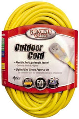 Southwire - 50', 12/3 Gauge/Conductors, Yellow Indoor & Outdoor Extension Cord - 1 Receptacle, 15 Amps, 125 VAC, UL SJTW, NEMA 5-15P, 5-15R - USA Tool & Supply