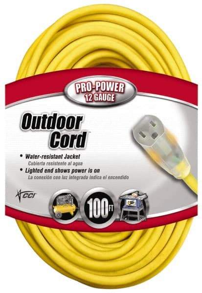 Southwire - 100', 12/3 Gauge/Conductors, Yellow Indoor & Outdoor Extension Cord - 1 Receptacle, 15 Amps, 125 VAC, UL SJTW, NEMA 5-15P, 5-15R - USA Tool & Supply