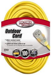 Southwire - 100', 12/3 Gauge/Conductors, Yellow Indoor & Outdoor Extension Cord - 1 Receptacle, 15 Amps, 125 VAC, UL SJTW, NEMA 5-15P, 5-15R - USA Tool & Supply