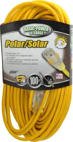 Southwire - 100', 16/3 Gauge/Conductors, Yellow Outdoor Extension Cord - 1 Receptacle, 10 Amps, 125 VAC, UL SJEOOW, NEMA 5-15P, 5-15R - USA Tool & Supply