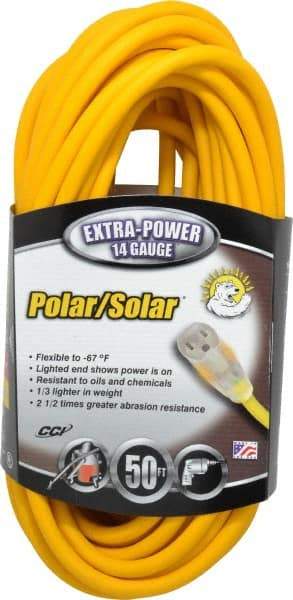Southwire - 50', 14/3 Gauge/Conductors, Yellow Outdoor Extension Cord - 1 Receptacle, 15 Amps, 125 VAC, UL SJEOOW, NEMA 5-15P, 5-15R - USA Tool & Supply