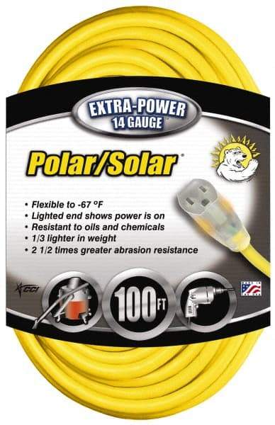 Southwire - 100', 14/3 Gauge/Conductors, Yellow Outdoor Extension Cord - 1 Receptacle, 13 Amps, 125 VAC, UL SJEOOW, NEMA 5-15P, 5-15R - USA Tool & Supply