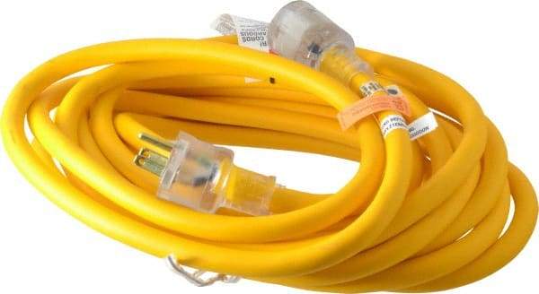 Southwire - 25', 14/3 Gauge/Conductors, Yellow Outdoor Extension Cord - 1 Receptacle, 15 Amps, 125 VAC, UL SEOOW, NEMA 5-15P, 5-15R - USA Tool & Supply
