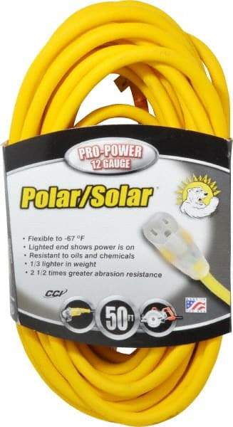Southwire - 50', 12/3 Gauge/Conductors, Yellow Outdoor Extension Cord - 1 Receptacle, 15 Amps, 125 VAC, UL SJEOOW, NEMA 5-15P, 5-15R - USA Tool & Supply